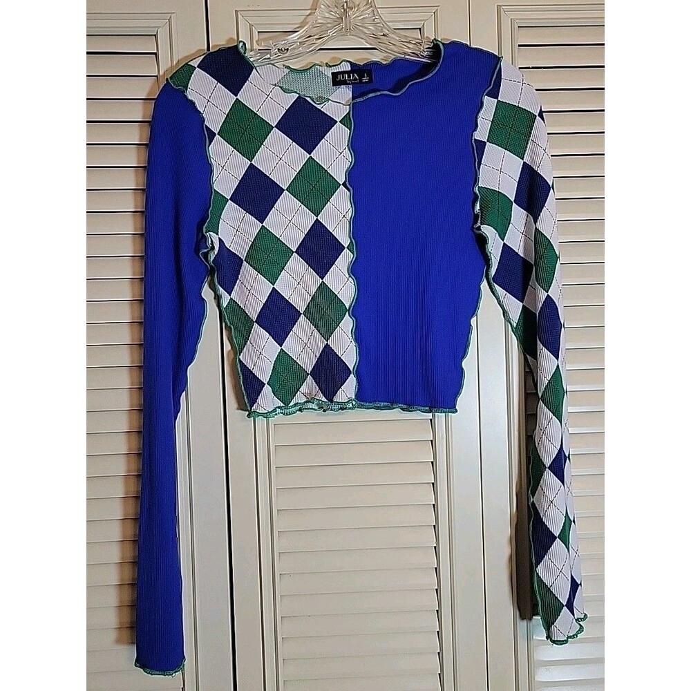 Trendy Julia by Love J Cropped Top Argyle Long Sleeve Shirt Sz Small